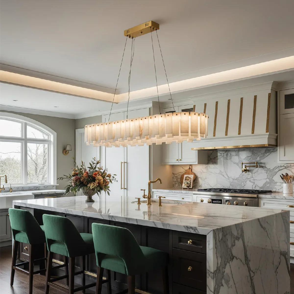 Spanish Alabaster Chandelier View 10 | Natural Spanish Alabaster Onyx Linear Chandelier | Modern Luxury Lighting | JINSHE | JINSHE