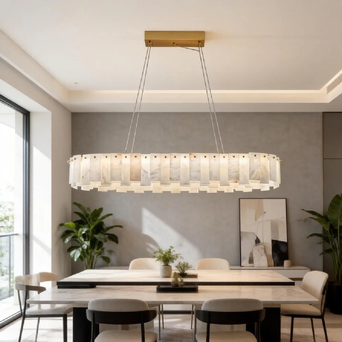 Spanish Alabaster Chandelier View 4 | Natural Spanish Alabaster Onyx Linear Chandelier | Modern Luxury Lighting | JINSHE | JINSHE