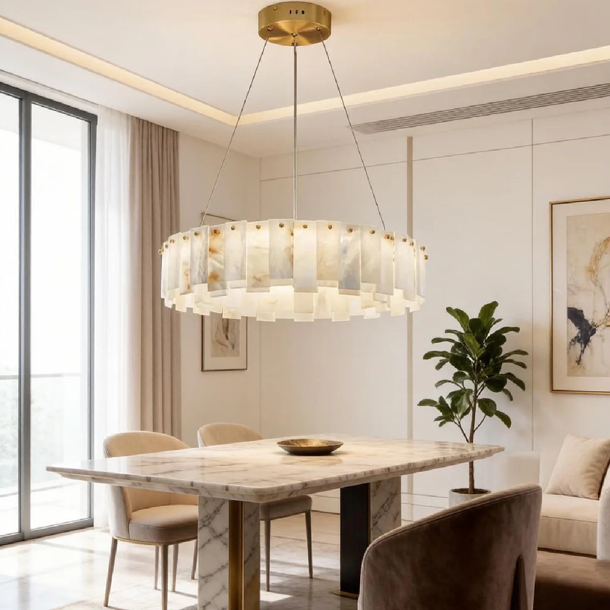 Spanish Alabaster Chandelier View 3 | Natural Spanish Alabaster Onyx Ring Chandelier | Modern Luxury Lighting | JINSHE | JINSHE