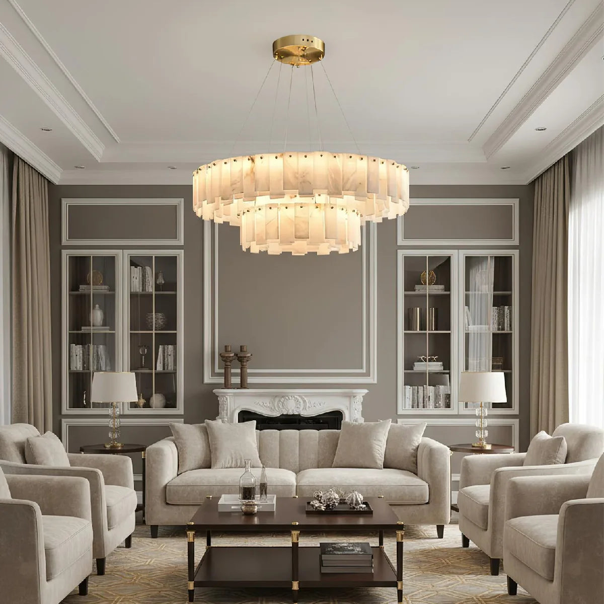 JINSHE Natural Spanish Alabaster Onyx Ring Double Chandelier | Modern Luxury Lighting Chandelier - product image