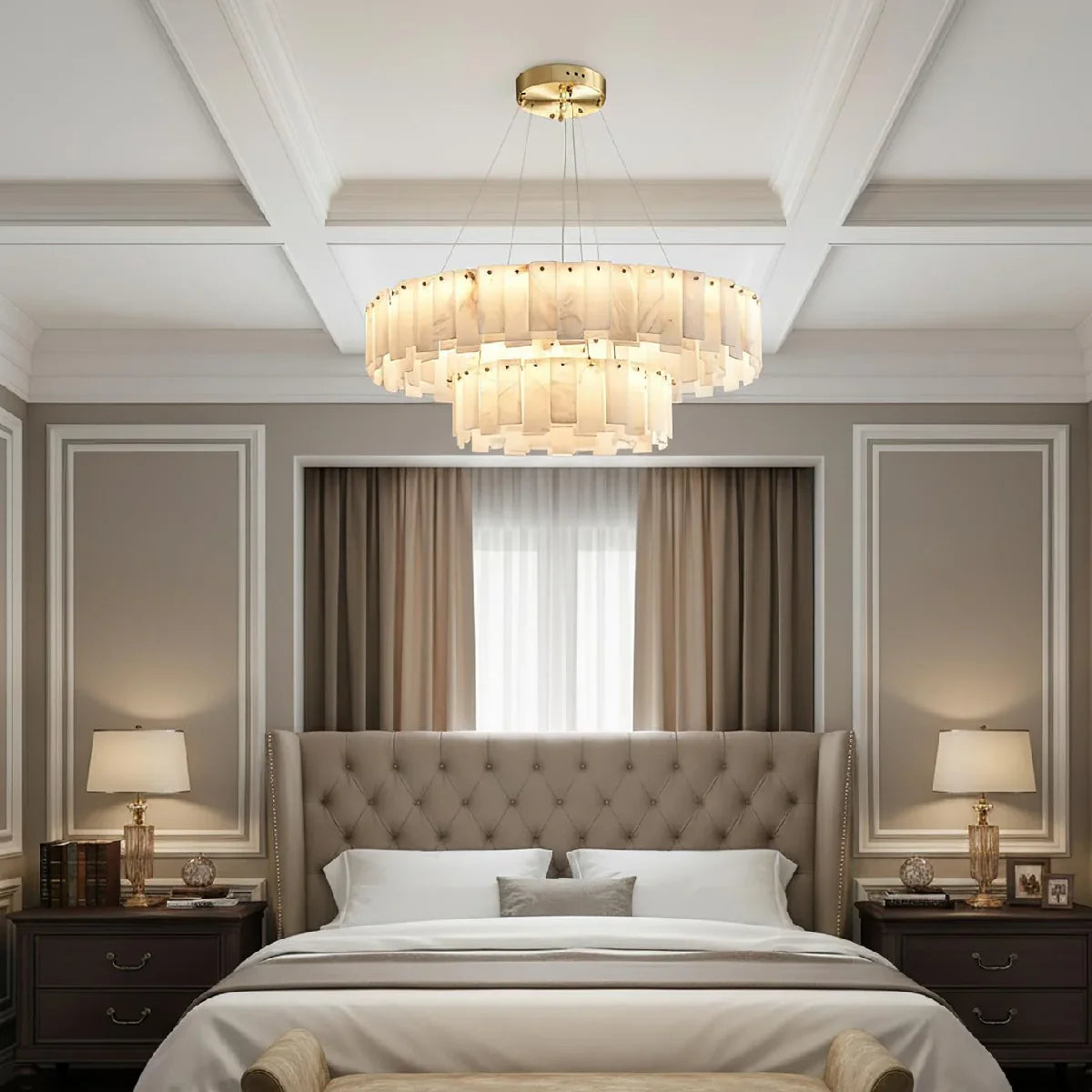 JINSHE Natural Spanish Alabaster Onyx Ring Double Chandelier | Modern Luxury Lighting Chandelier - product image