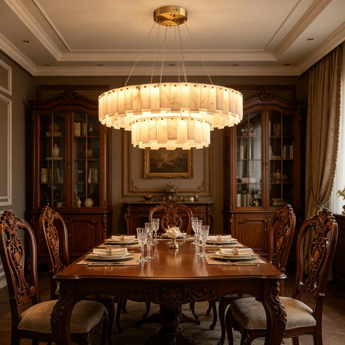 JINSHE Natural Spanish Alabaster Onyx Ring Double Chandelier | Modern Luxury Lighting Chandelier - product image