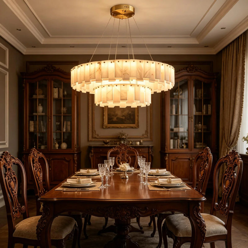 JINSHE Natural Spanish Alabaster Onyx Ring Double Chandelier | Modern Luxury Lighting Chandelier - product image