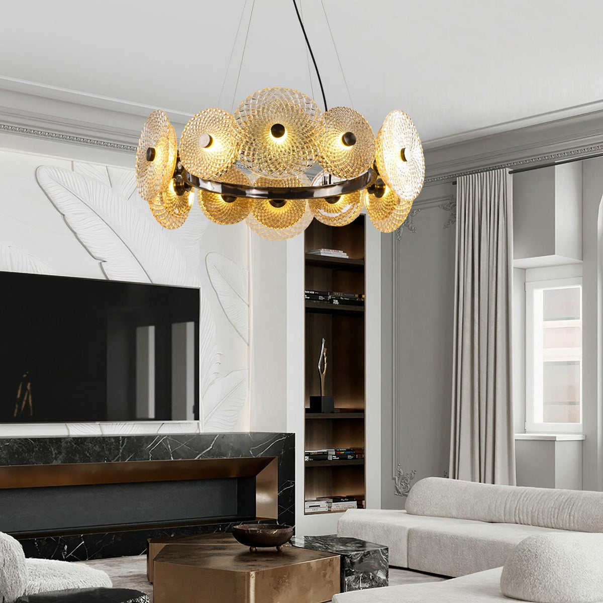 Paige Curated Mouth-Blown Frosted Glass Chandeli installed in residential dining space