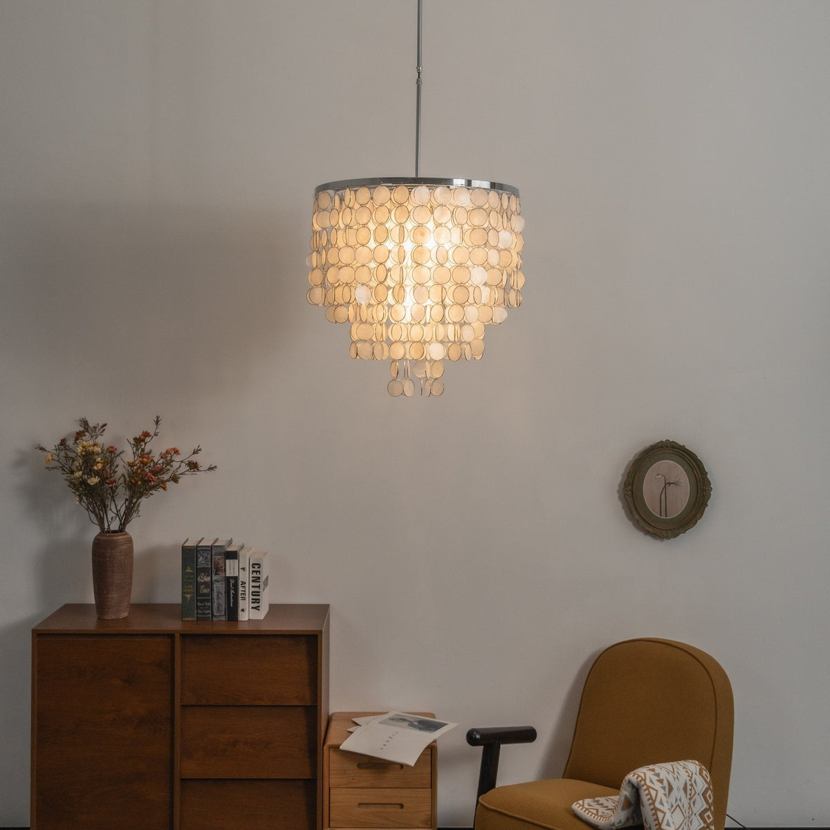 Pearl Shell Curated Iron & Glass Chandelier – architectural ceiling profile