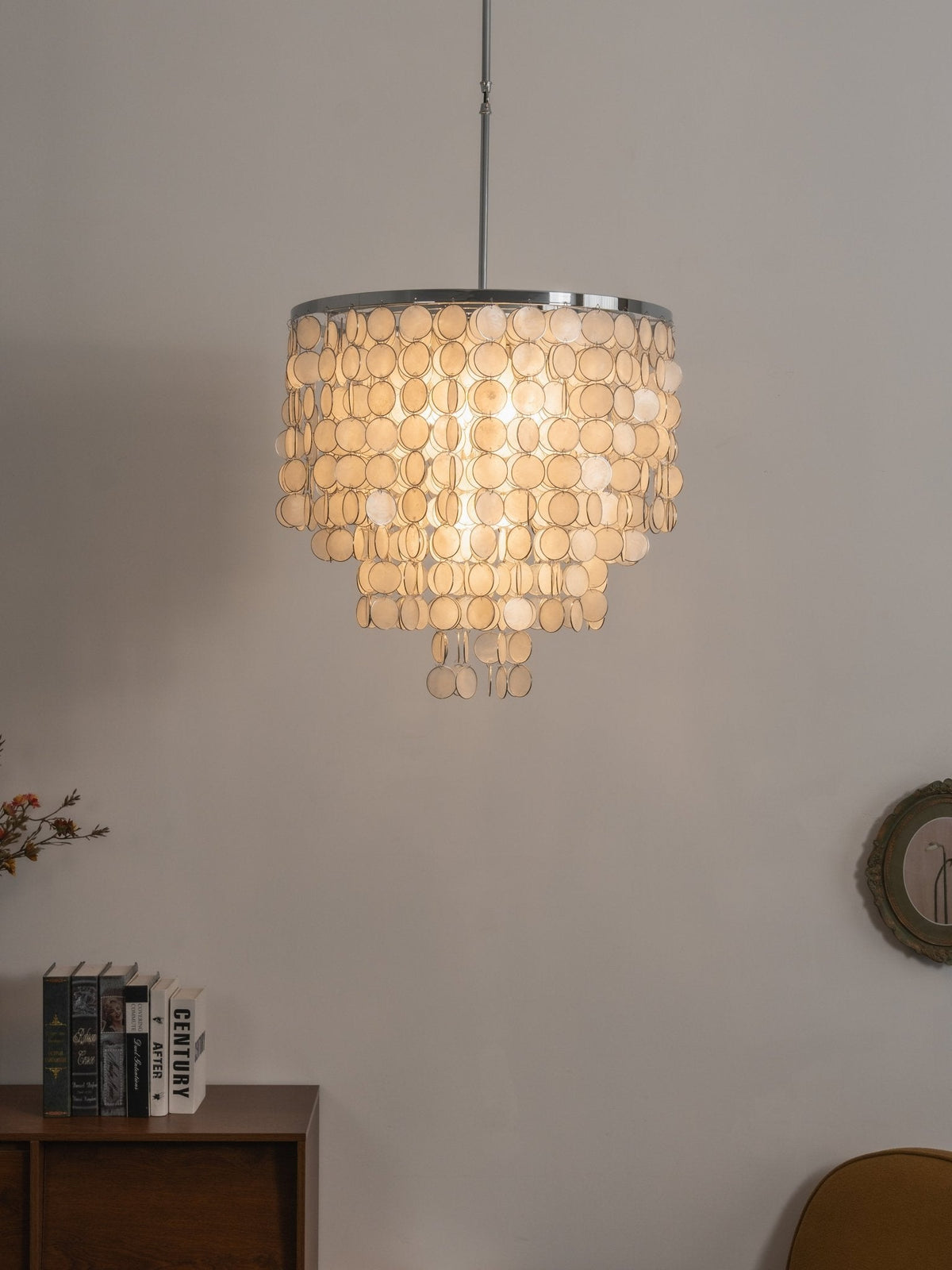 Pearl Shell Curated Iron & Glass Chandelier – unlit natural material contrast