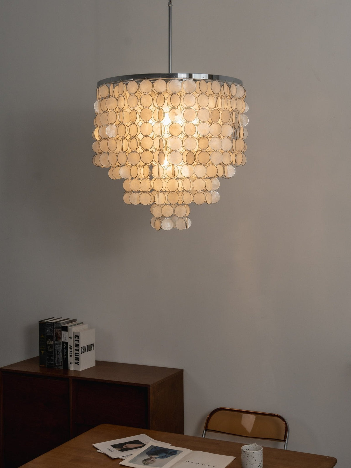 Pearl Shell Curated Iron & Glass Chandelier – spatial dining room perspective