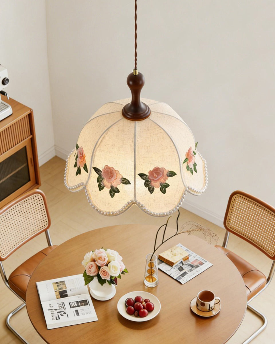 Peonelle Curated Iron & Glass Pendant Light installed in residential dining space