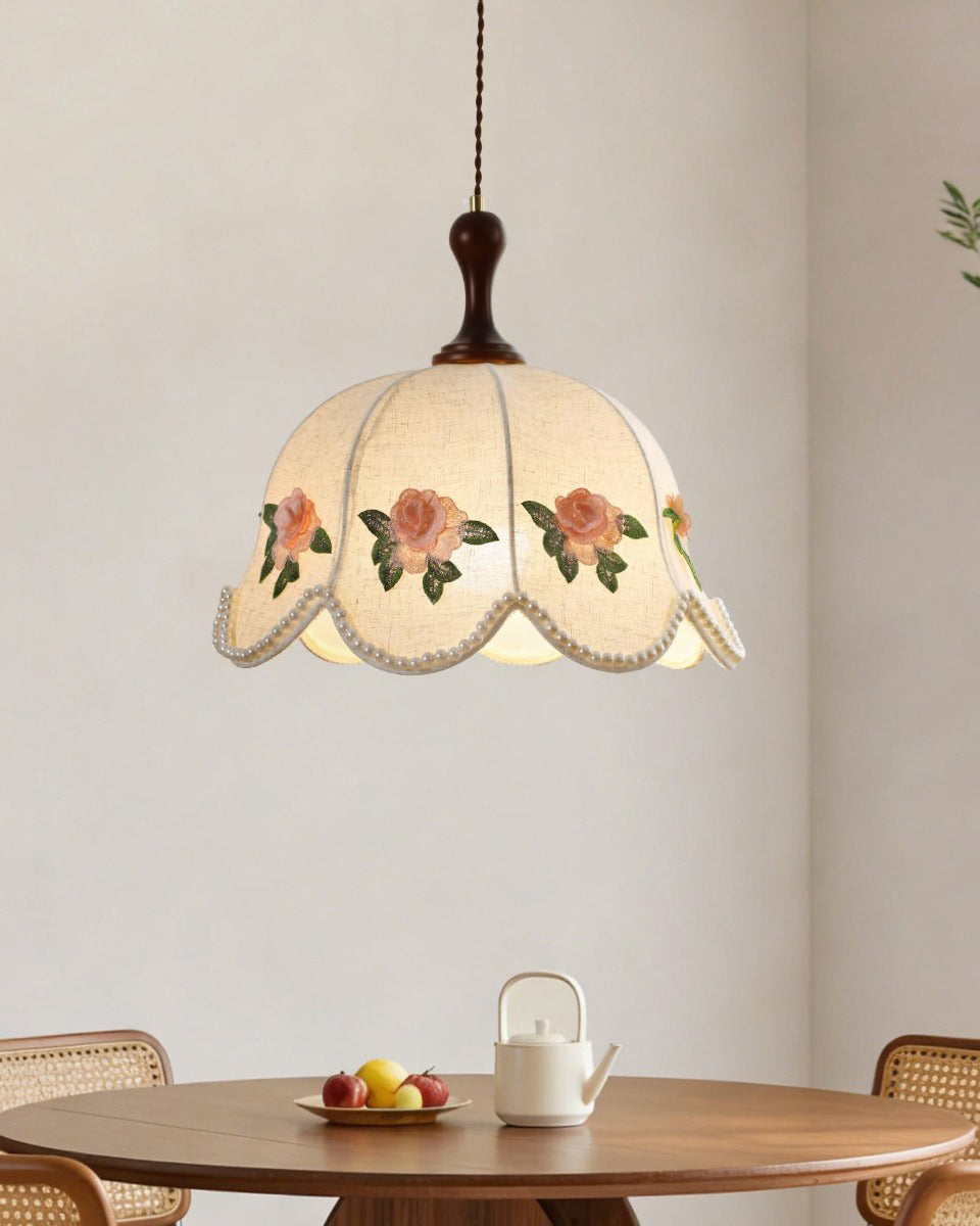 Peonelle Curated Iron & Glass Pendant Light warm illuminated room view