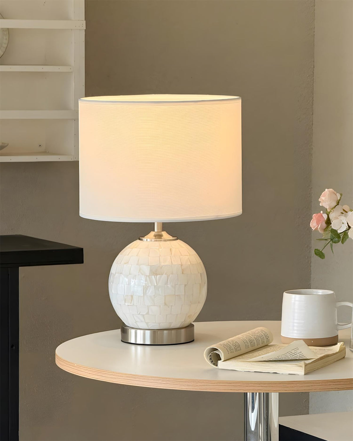 Perlina Curated Brushed Nickel Iron Table Lamp – architectural ceiling profile