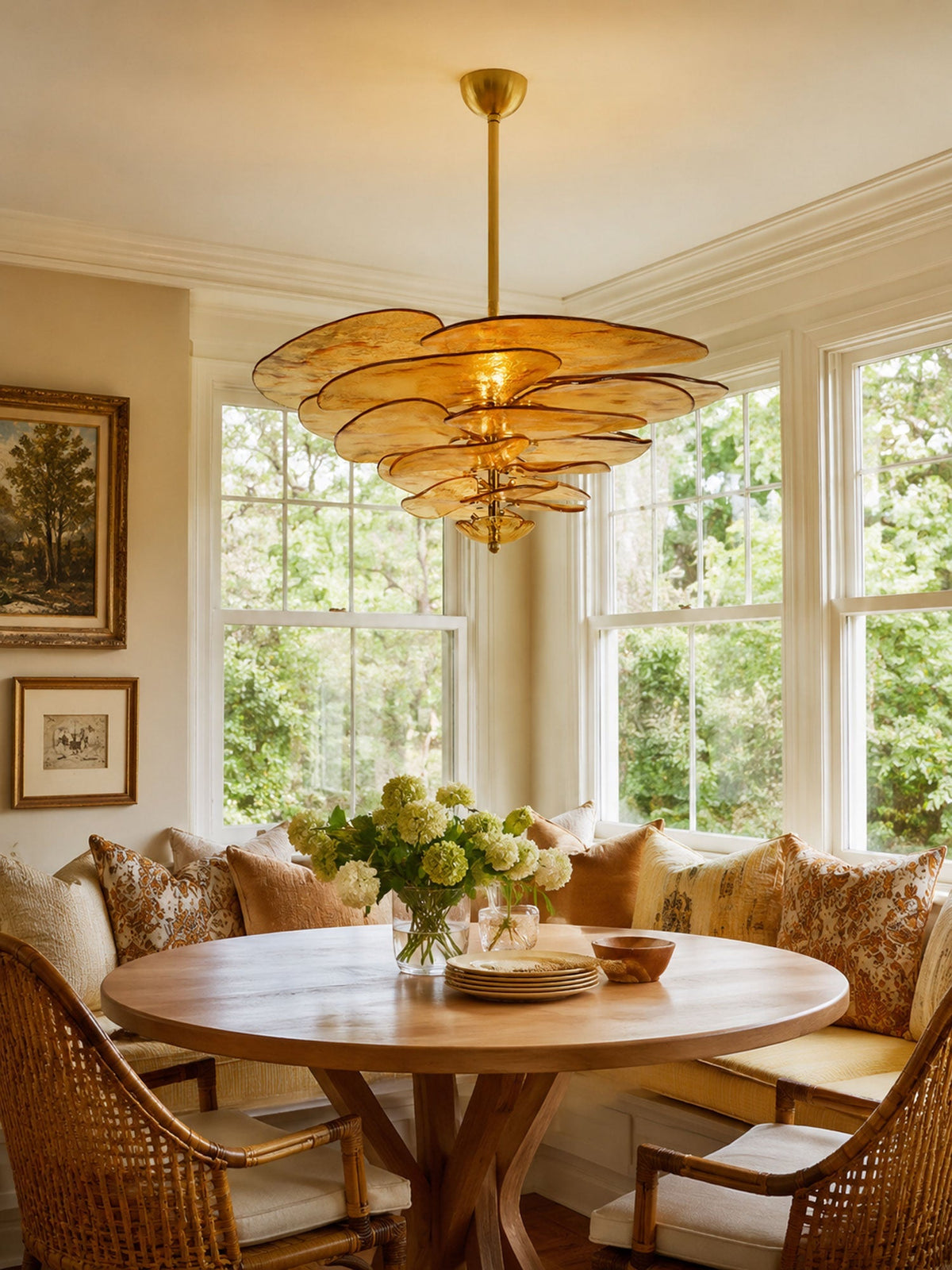 Petala Amber Art Glass Chandelier warm illuminated room view