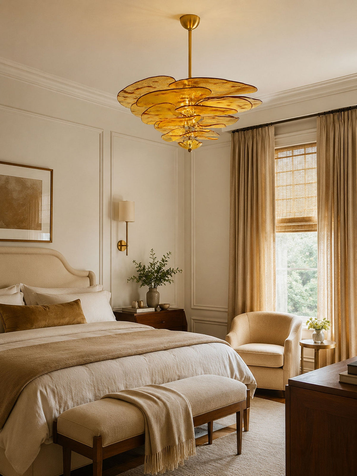 Petala Amber Art Glass Chandelier – unlit natural material contrast
