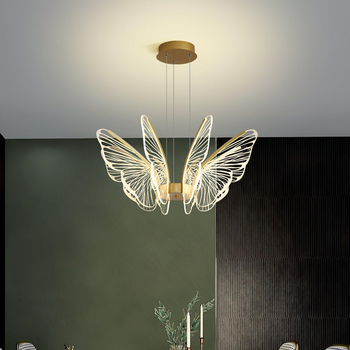 Phalaenopsis Curated Optical Acrylic Chandelier – spatial dining room perspective