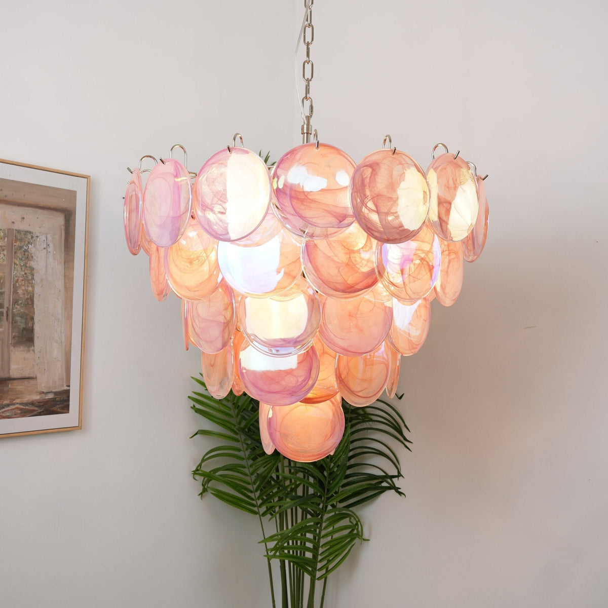 Pink Glass Disc Curated Mouth-Blown Frosted Glas installed in residential dining space