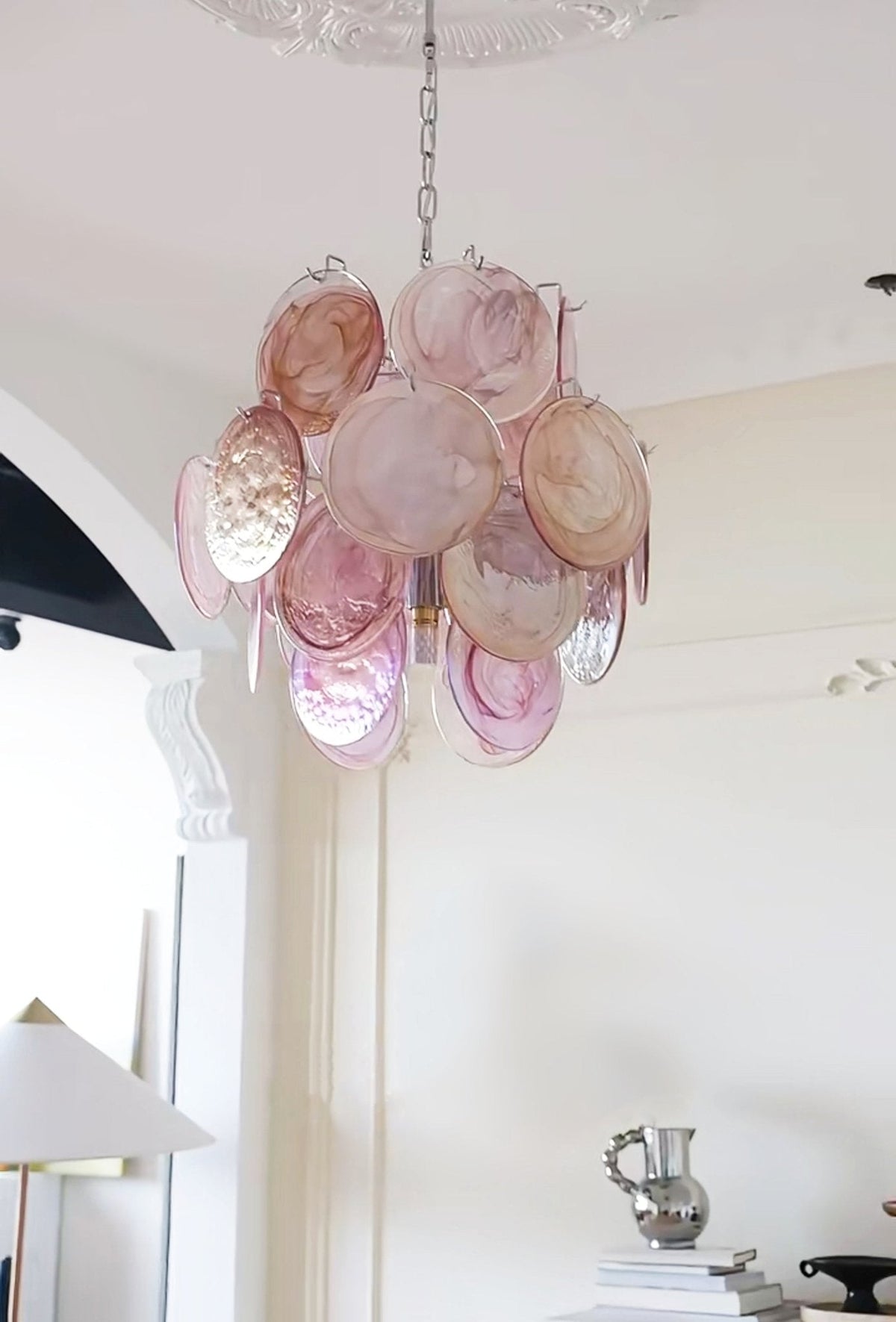 Pink Disc Glass Curated Mouth-Blown Frosted Glas – spatial dining room perspective