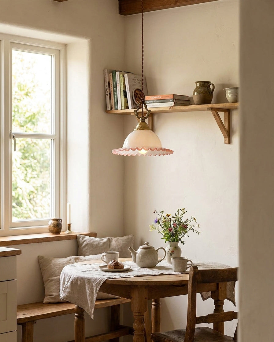 Pinklune Curated Mouth-Blown Frosted Glass Penda – illuminated warm ambiance setting