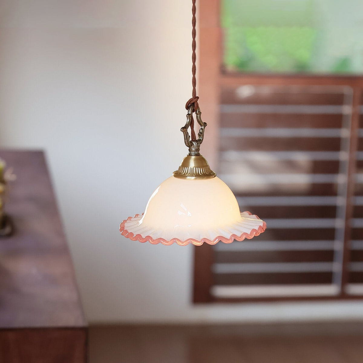 Pinklune Curated Mouth-Blown Frosted Glass Penda installed in residential dining space