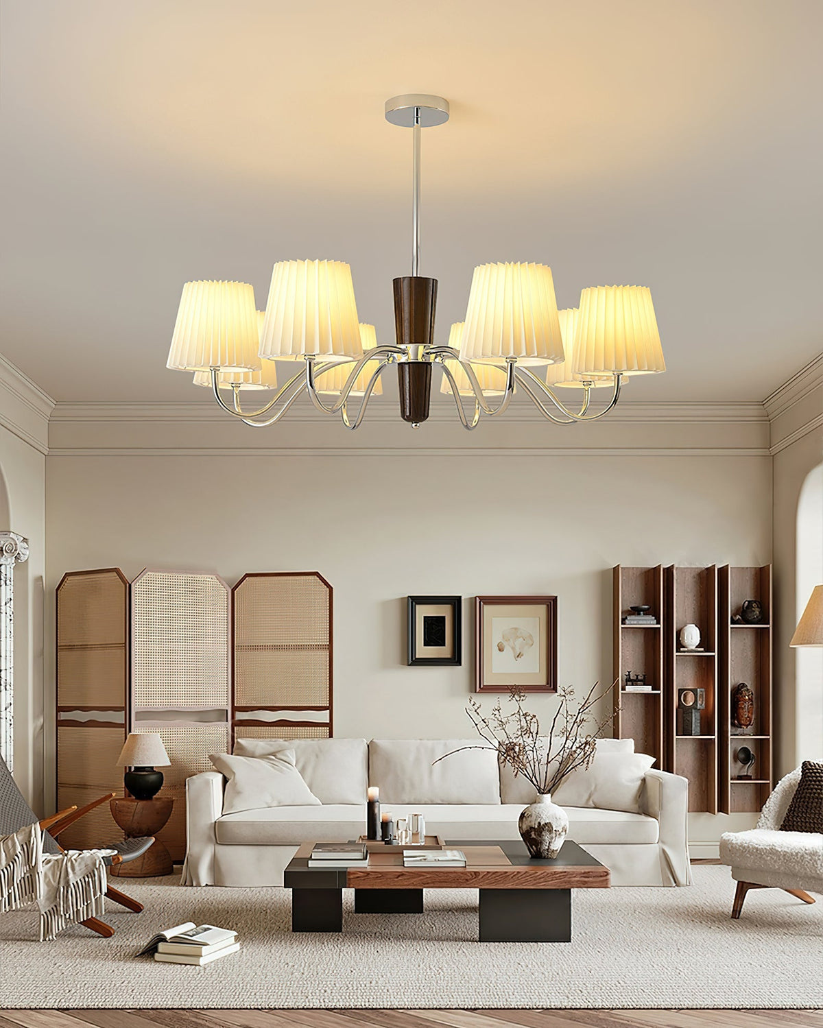 Plisse Curated Solid Hardwood Chandelier warm illuminated room view