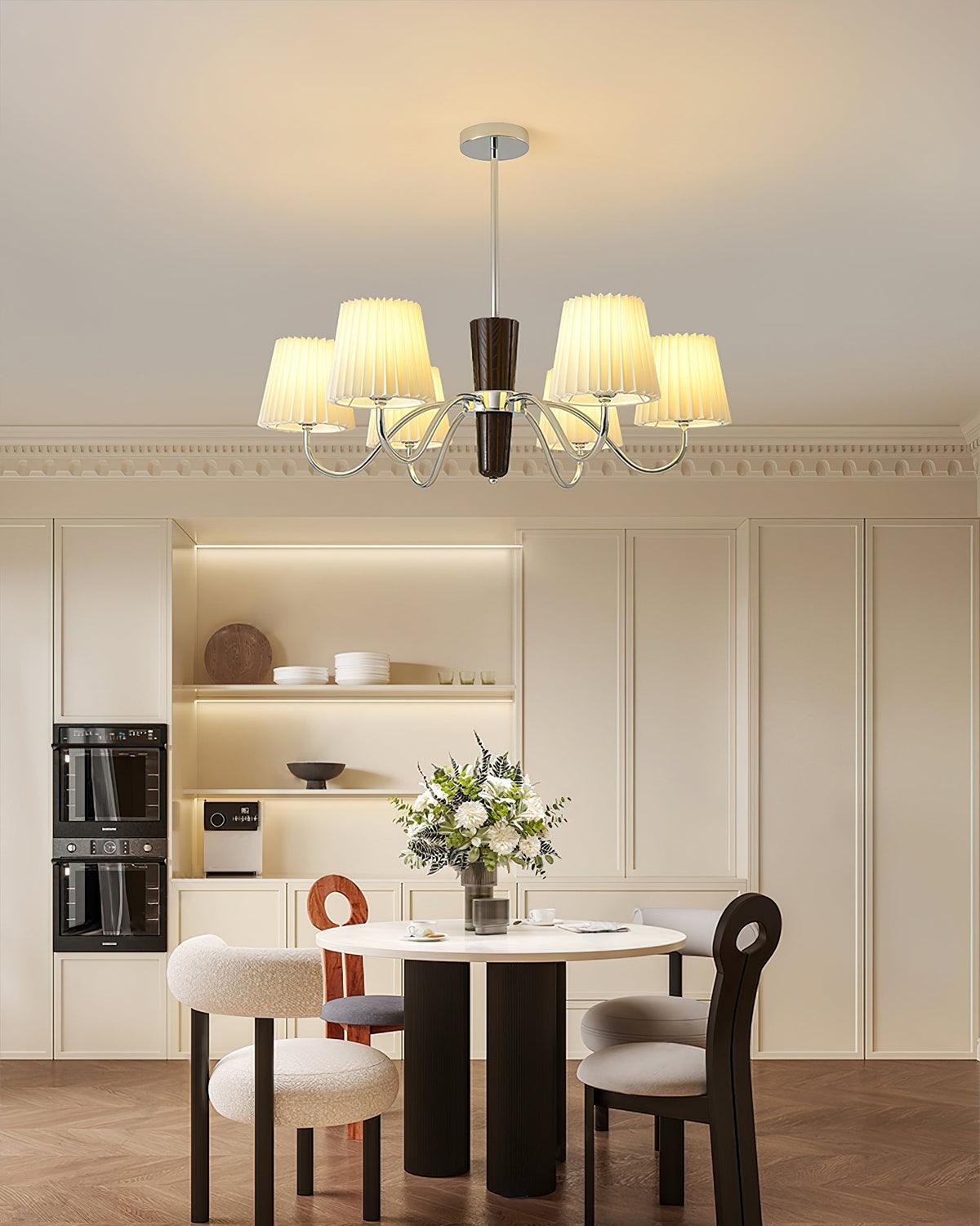 Plisse Curated Solid Hardwood Chandelier – illuminated warm ambiance setting