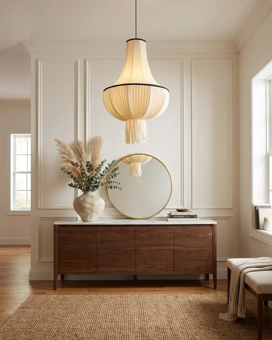 Plisselle Curated Iron & Glass Pendant Light – unlit natural material contrast