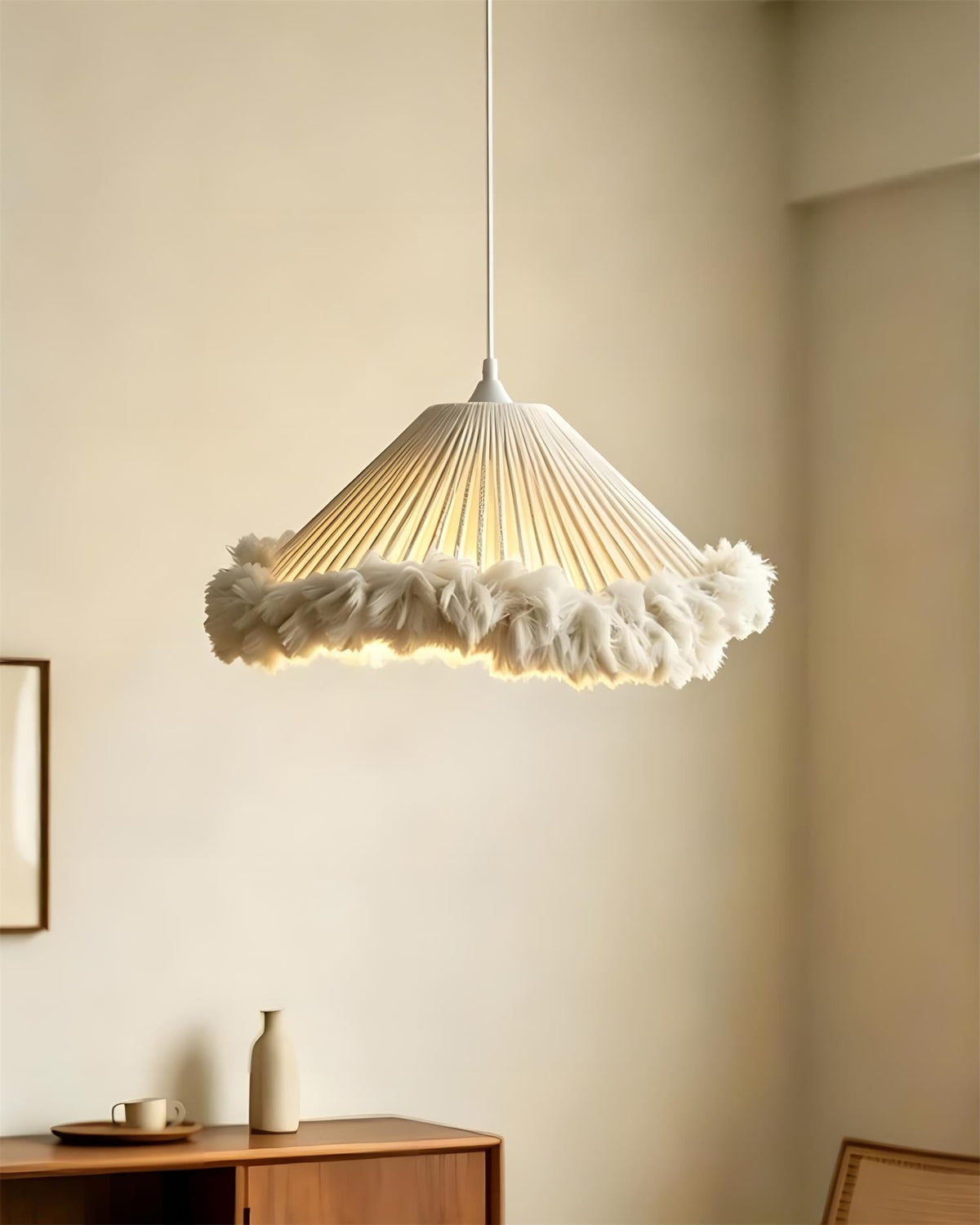 Pluma Fringe Curated Woven Rattan Pendant Light – full fixture elevation view