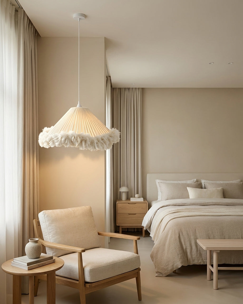 Pluma Fringe Curated Woven Rattan Pendant Light warm illuminated room view