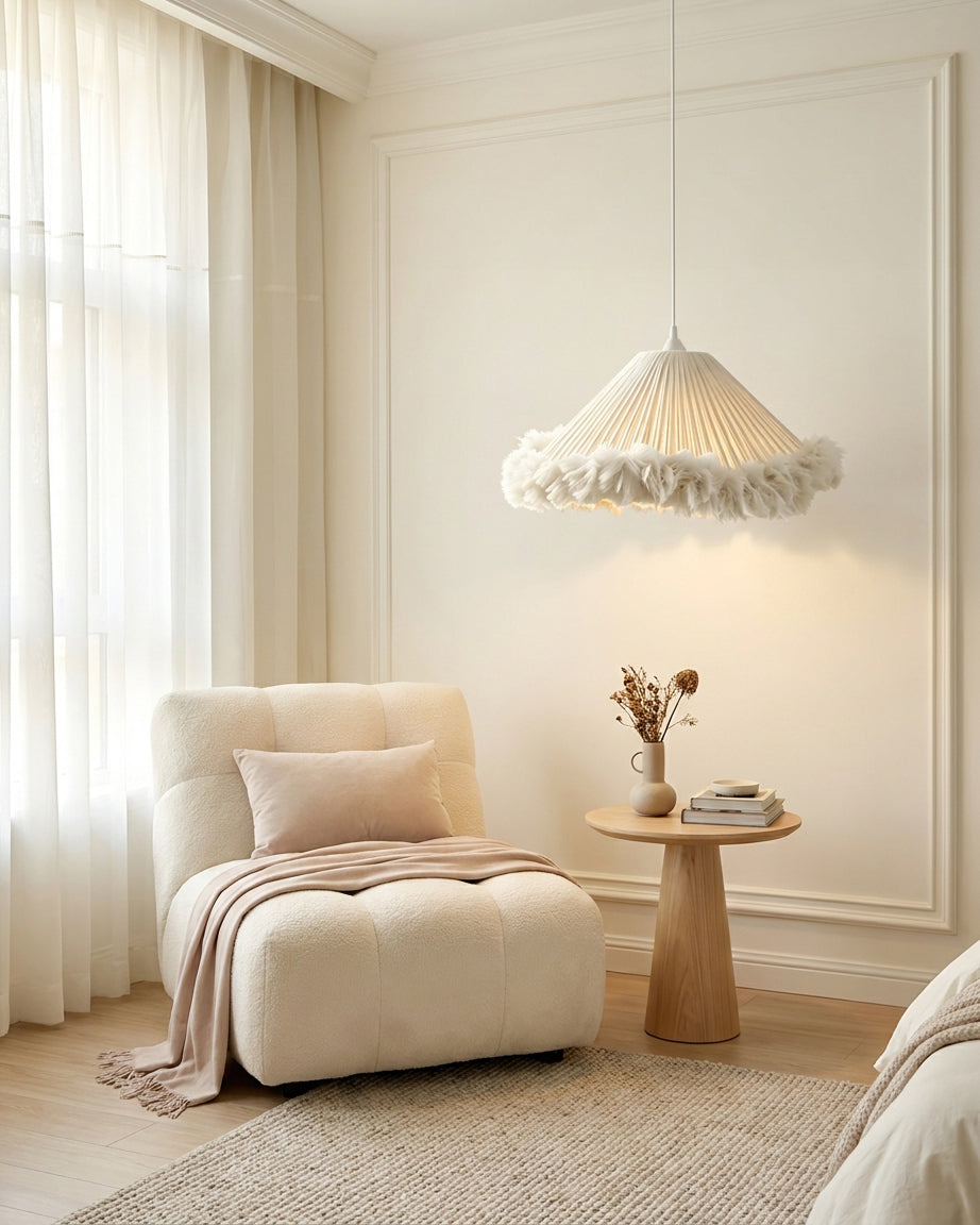 Pluma Fringe Curated Woven Rattan Pendant Light – structural canopy joint detail