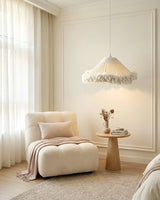 Pluma Fringe Curated Woven Rattan Pendant Light – structural canopy joint detail