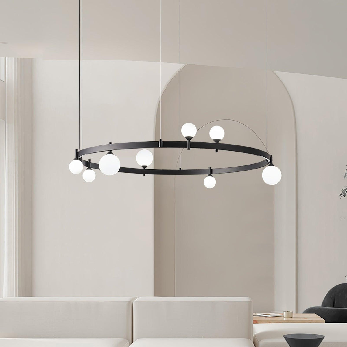 Pomi Round Curated Mouth-Blown Frosted Glass Cha installed in residential dining space