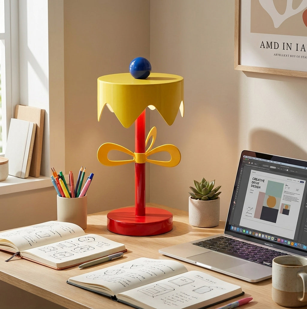 Poppette Curated Iron & Glass Table Lamp warm illuminated room view
