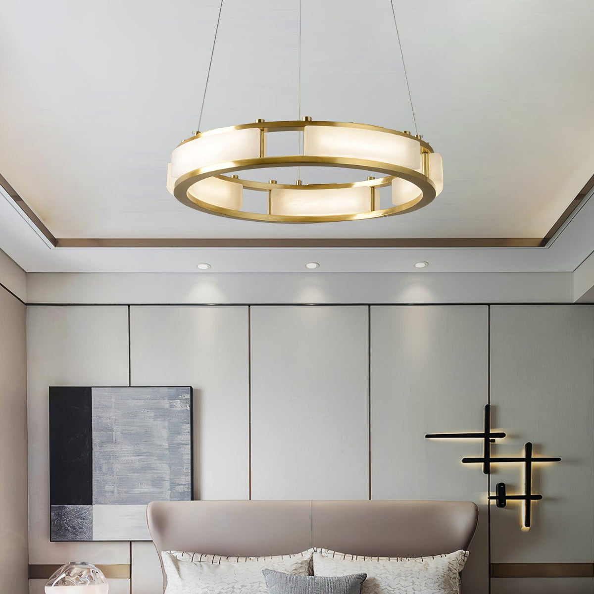 Qatar Alabaster Curated Alabaster Chandelier warm illuminated room view
