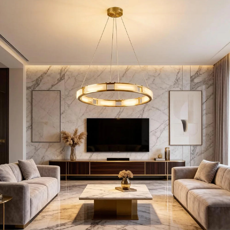 Spanish Alabaster Chandelier View 5 | Natural Spanish Alabaster Qatar  Halo Chandelier | Modern Luxury Lighting | JINSHE | JINSHE