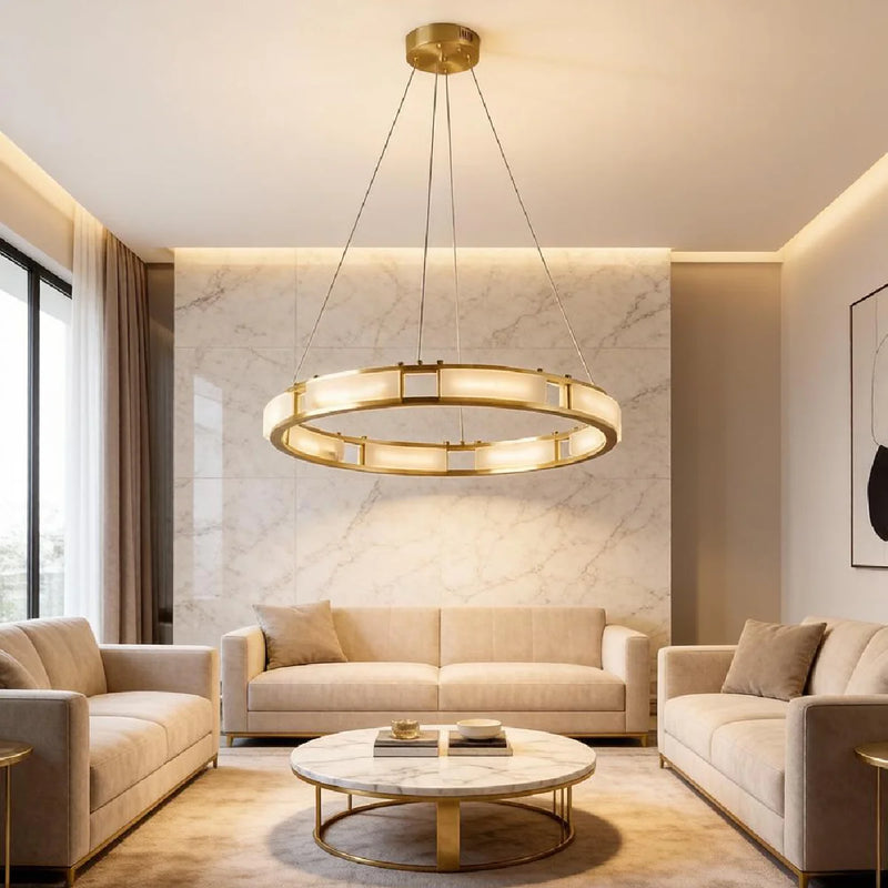 Spanish Alabaster Chandelier View 6 | Natural Spanish Alabaster Qatar  Halo Chandelier | Modern Luxury Lighting | JINSHE | JINSHE