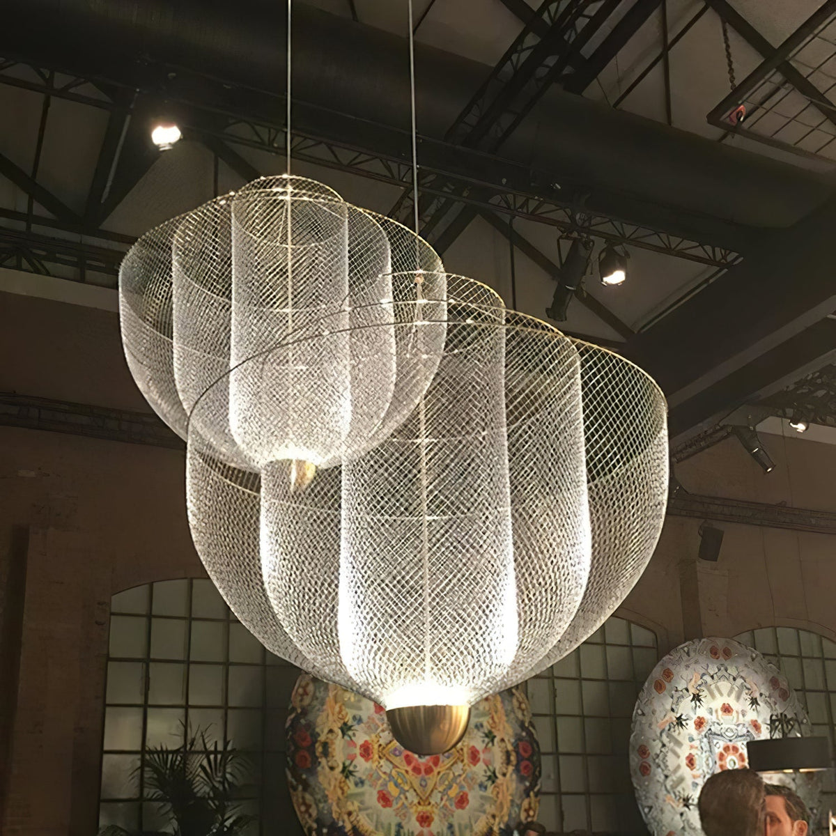 Meshmatics Hanging Curated Iron & Glass Chandeli – illuminated warm ambiance setting