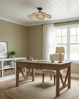 Raffia Petal Curated Iron & Glass Flush Mount Ce warm illuminated room view