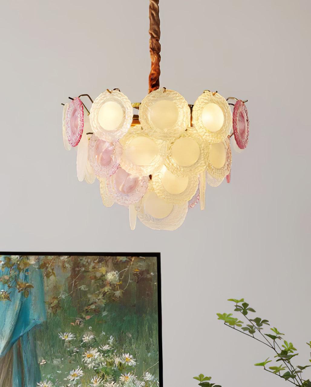 Rainbow Curated Mouth-Blown Frosted Glass Chande – structural canopy joint detail