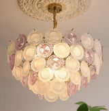 Rainbow Curated Mouth-Blown Frosted Glass Chande warm illuminated room view