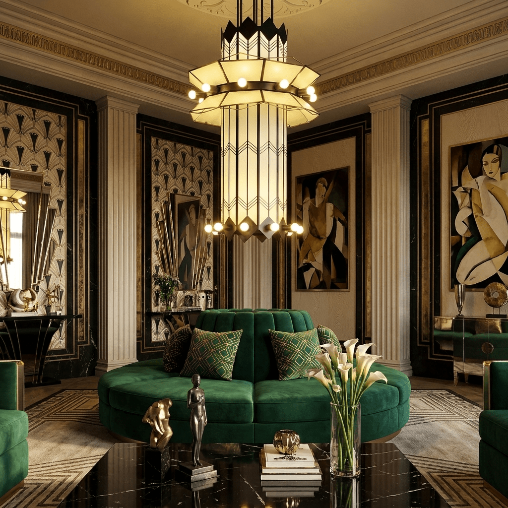 Rayonne Art Deco Curated Iron & Glass Chandelier installed in residential dining space
