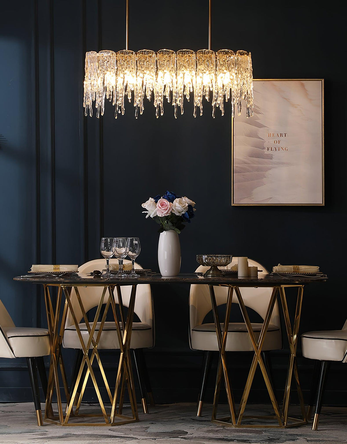 Rectangular Icicle Glass Curated Mouth-Blown Fro – spatial dining room perspective