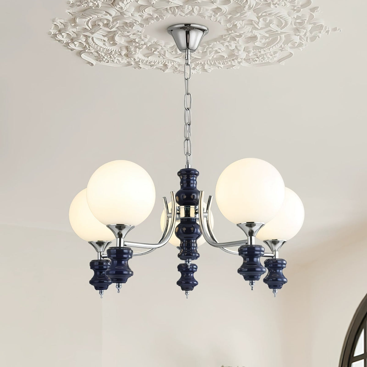 Regal Orb Curated Mouth-Blown Frosted Glass Chan warm illuminated room view
