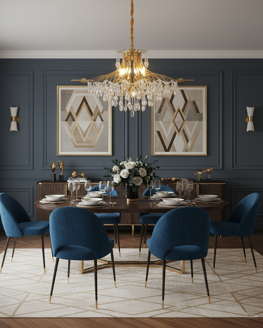 Regal Wisteria Curated K9 Bohemian Crystal Chand – spatial dining room perspective