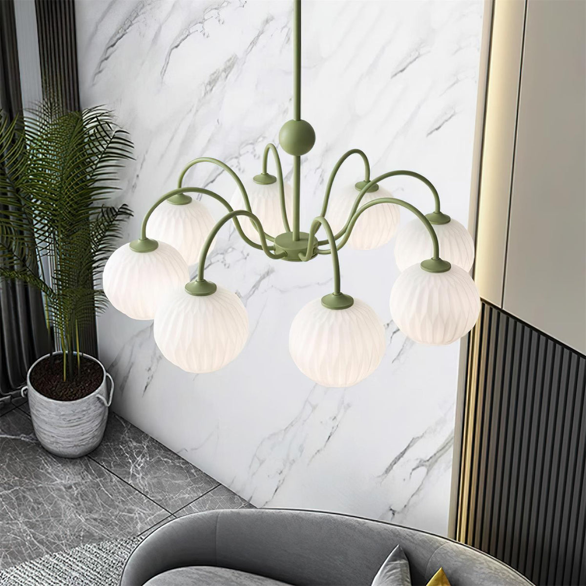 Renee Curated Mouth-Blown Frosted Glass Chandeli – dimensional scale reference