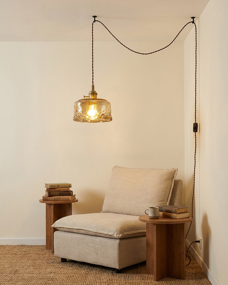 Retro Adonia Curated Amber Art Glass Pendant Lig installed in residential dining space