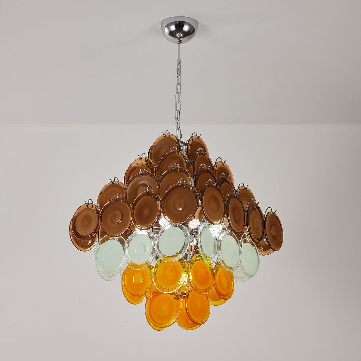 Retro Glass Disc Curated Amber Art Glass Chandel – full fixture elevation view