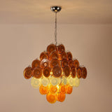 Retro Glass Disc Curated Amber Art Glass Chandel warm illuminated room view