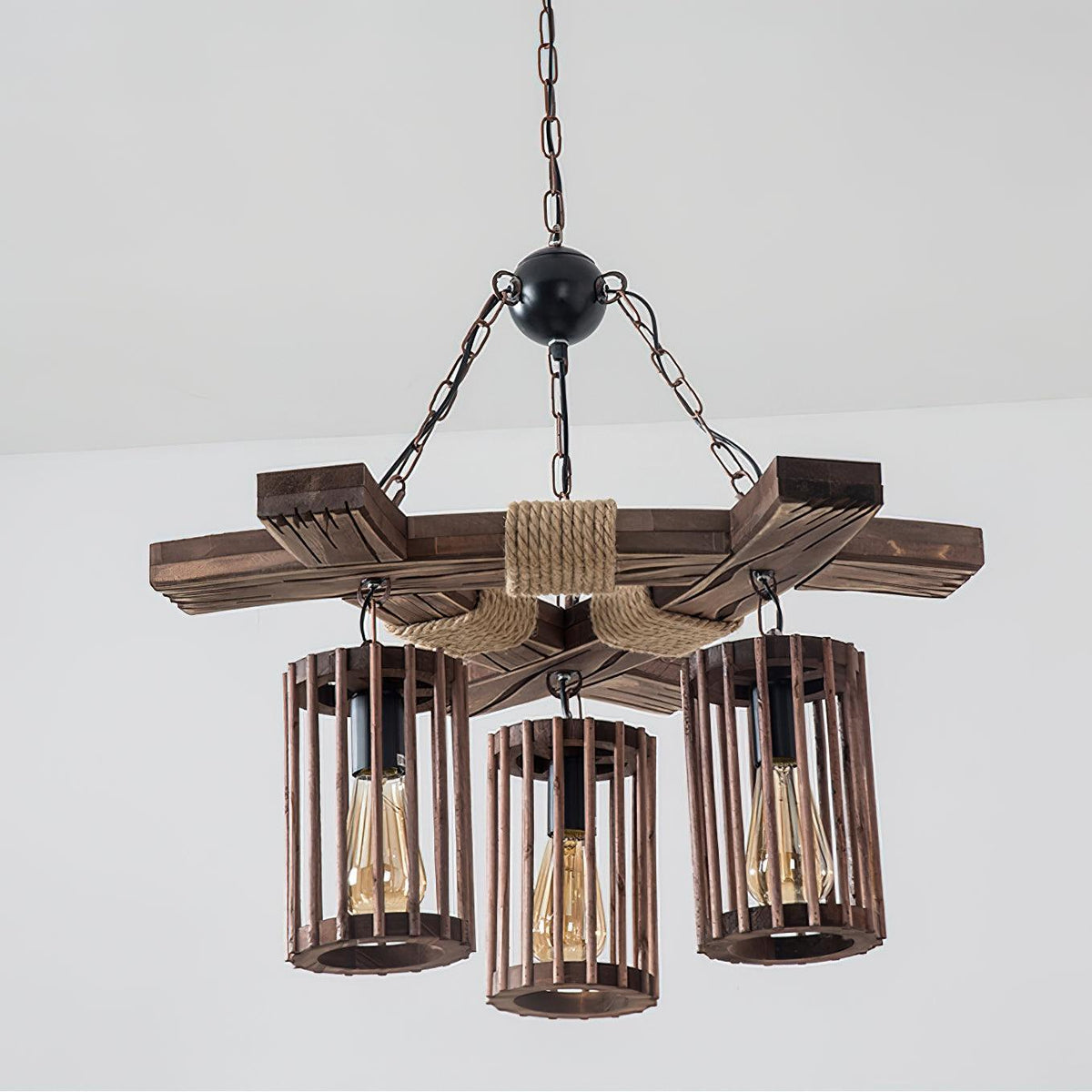 Retro Solid Wood Curated Solid Hardwood Chandeli – full fixture elevation view