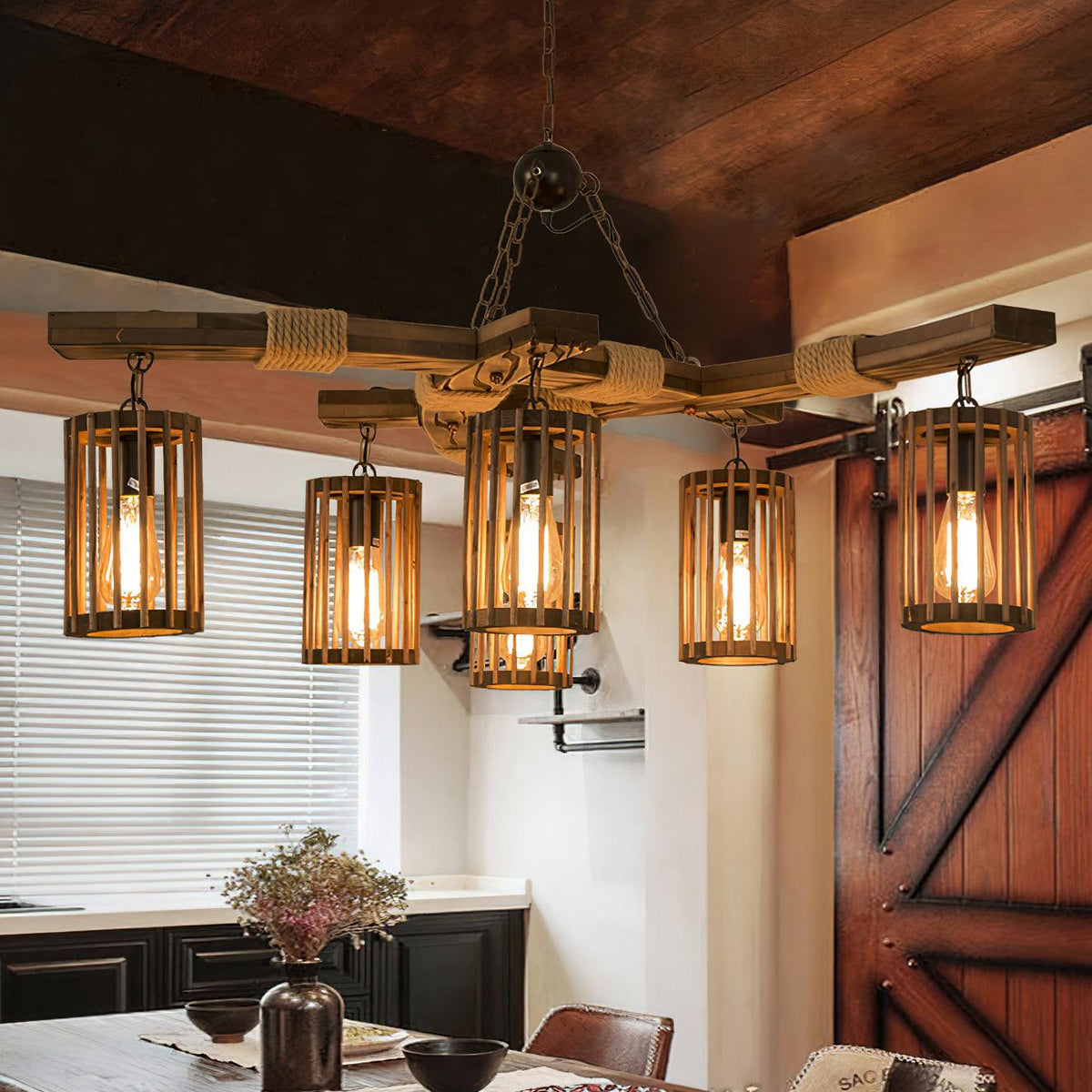 Retro Solid Wood Curated Solid Hardwood Chandeli – illuminated warm ambiance setting