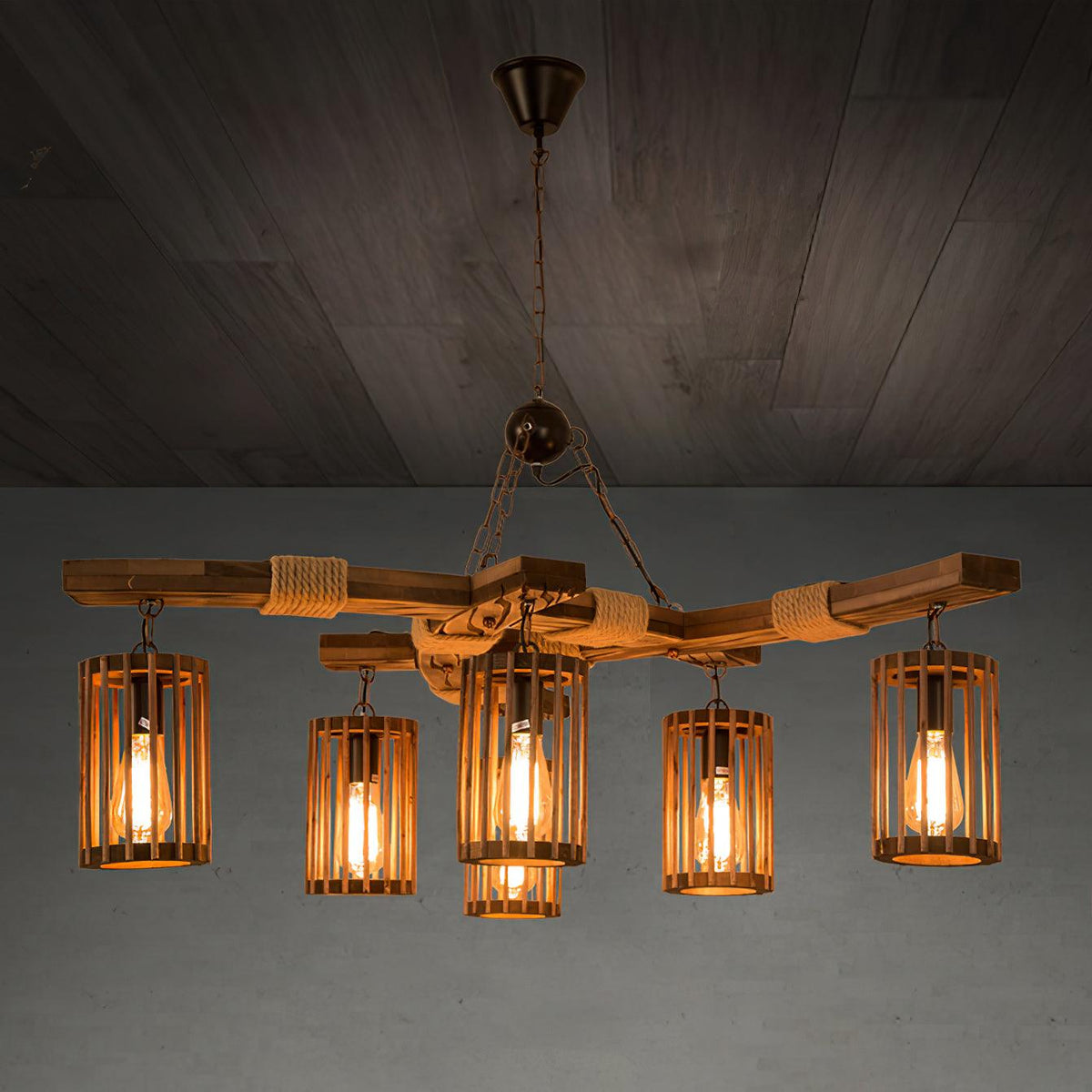 Retro Solid Wood Curated Solid Hardwood Chandeli – spatial dining room perspective