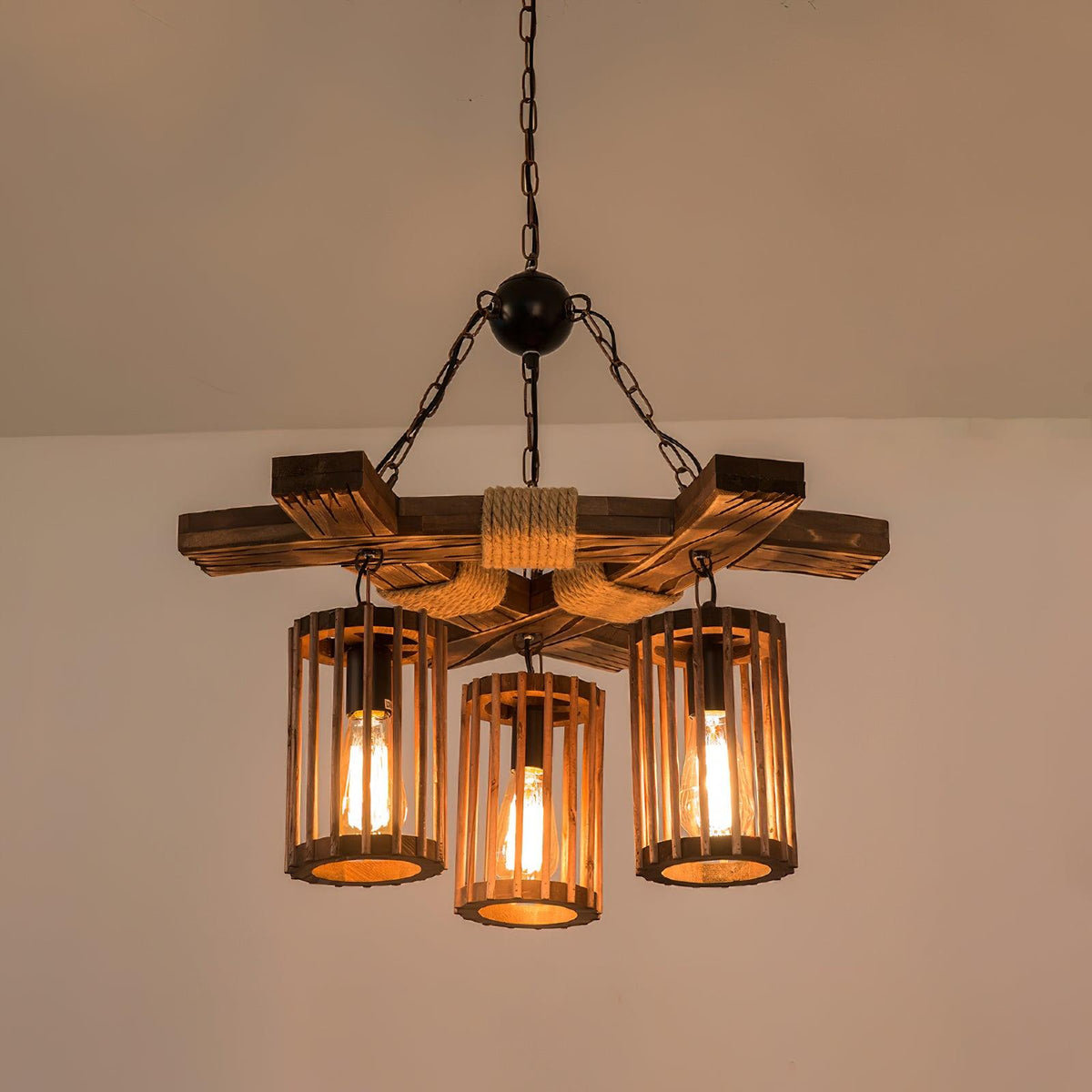 Retro Solid Wood Curated Solid Hardwood Chandeli – illuminated warm ambiance setting #1