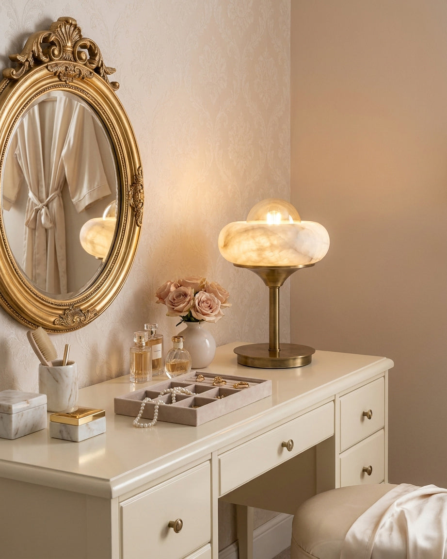 Retrovia Alabaster Curated Alabaster Table Lamp – illuminated warm ambiance setting